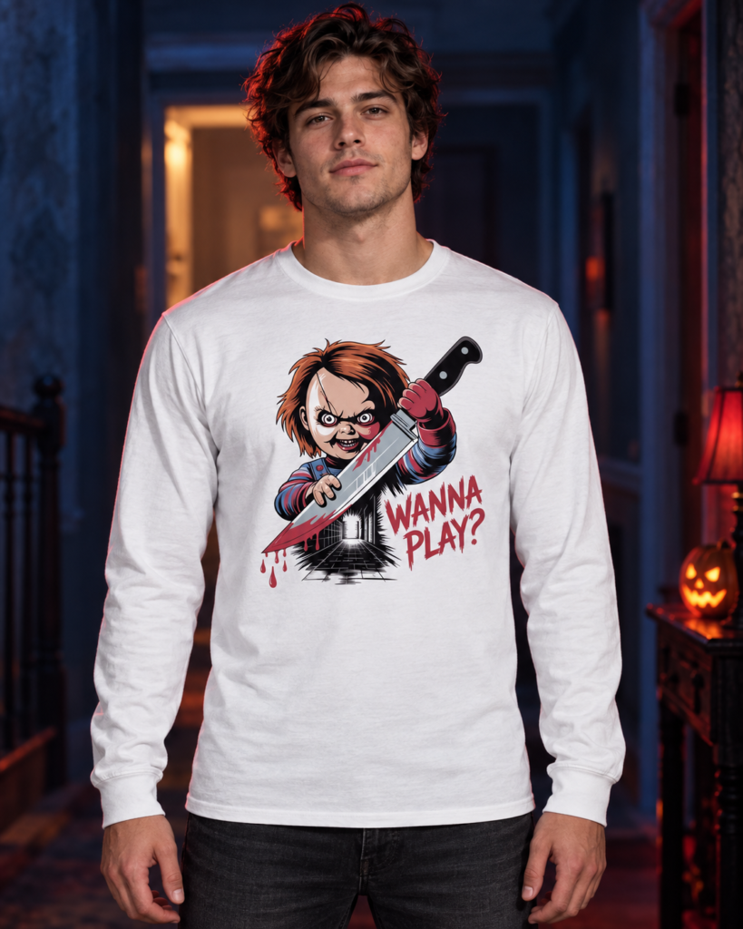 Chucky holding a bloody knife with the text 'Wanna Play?'