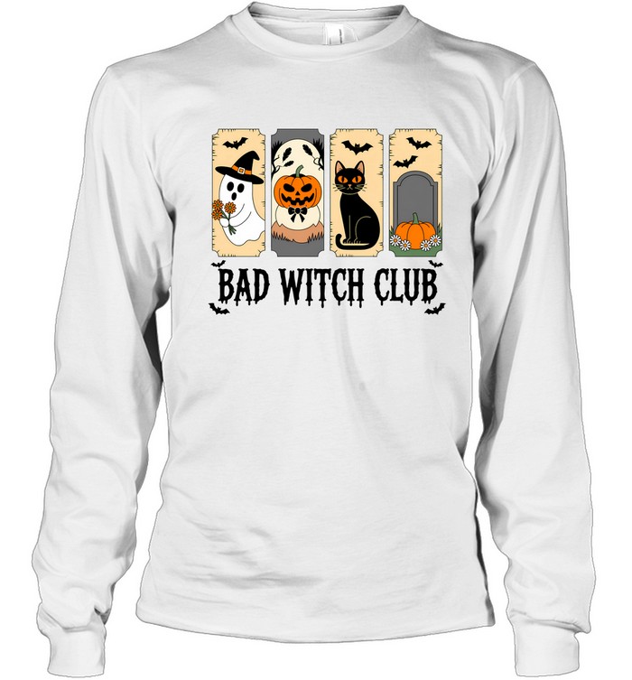 Bad Witch Club Cute Ghost Black Cat Pumpkin Halloween T- Long Sleeved T-shirt