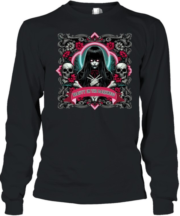 Beauty In The Darkness Goth Girl Skull Flowers Halloween Graphic T- Long Sleeved T-shirt