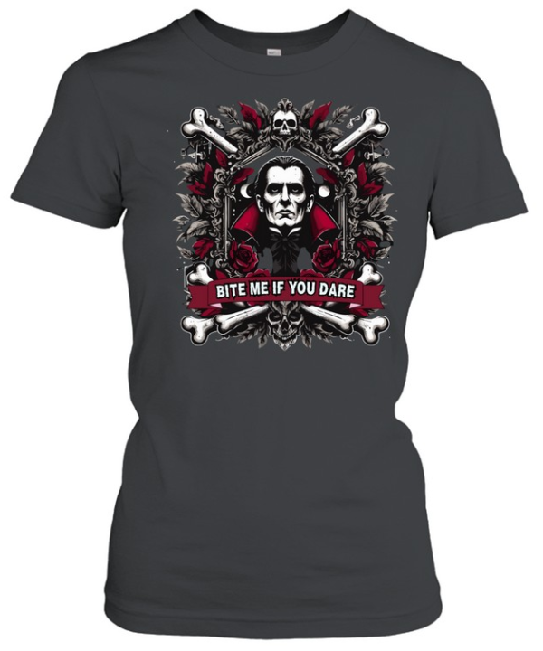 Bite Me If You Dare Dracula Vampire Gothic Halloween Graphic T- Classic Women's T-shirt