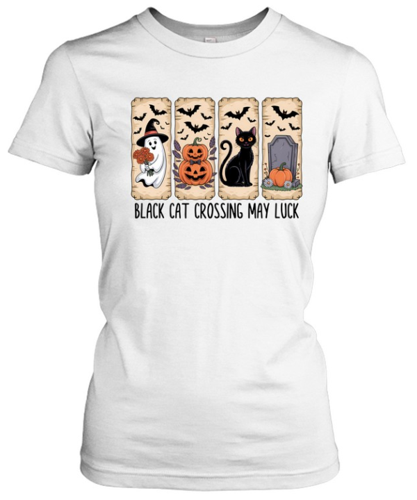 Black Cat Crossing May Luck Ghost Pumpkin Halloween T- Classic Women's T-shirt