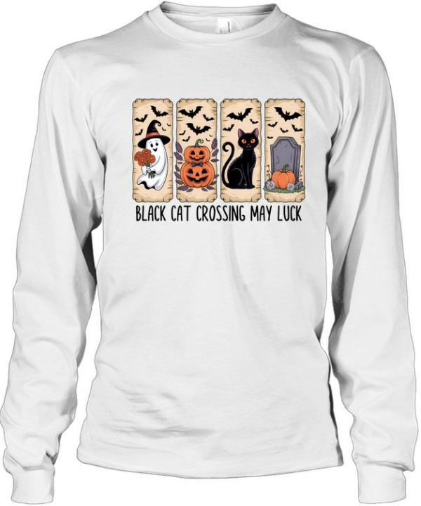 Black Cat Crossing May Luck Ghost Pumpkin Halloween T- Long Sleeved T-shirt