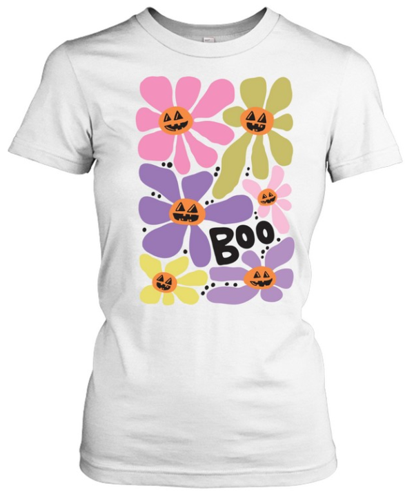 Boho Retro Daisy Pumpkin Faces Boo Floral Halloween T- Classic Women's T-shirt
