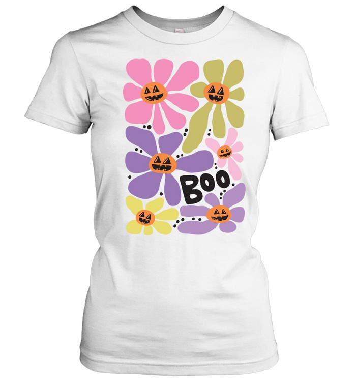 Boho Retro Daisy Pumpkin Faces Boo Floral Halloween T- Classic Women's T-shirt