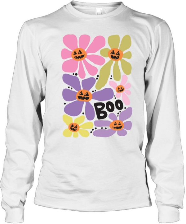 Boho Retro Daisy Pumpkin Faces Boo Floral Halloween T- Long Sleeved T-shirt