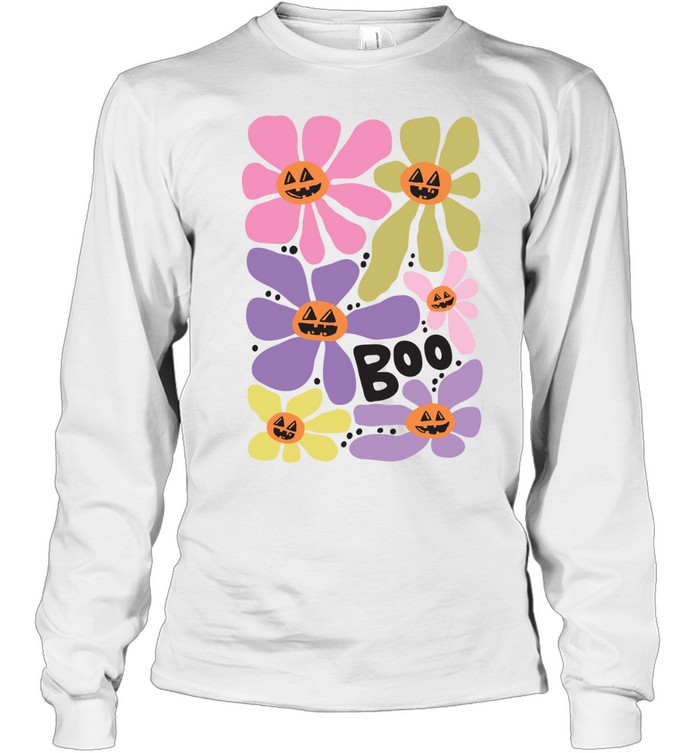 Boho Retro Daisy Pumpkin Faces Boo Floral Halloween T- Long Sleeved T-shirt