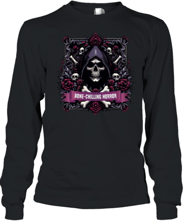Bone-Chilling Horror Grim Reaper Skull Roses Halloween Long Sleeved T-shirt