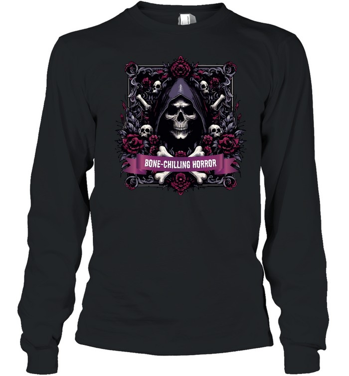 Bone-Chilling Horror Grim Reaper Skull Roses Halloween Long Sleeved T-shirt