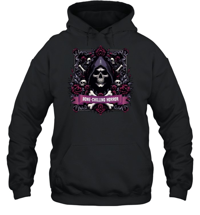 Bone-Chilling Horror Grim Reaper Skull Roses Halloween Unisex Hoodie Bone-Chilling Horror Grim Reaper Skull Roses Halloween Unisex Hoodie