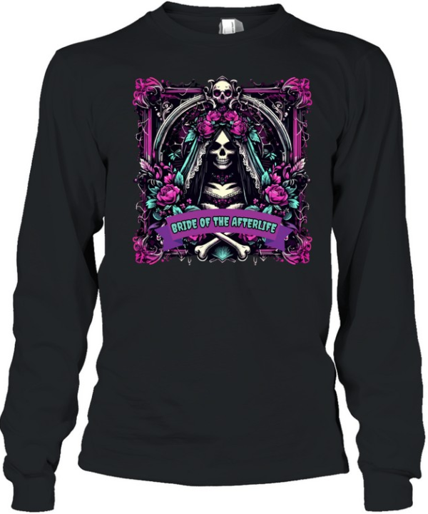 Bride Of The Afterlife Gothic Skull Roses Halloween Long Sleeved T-shirt