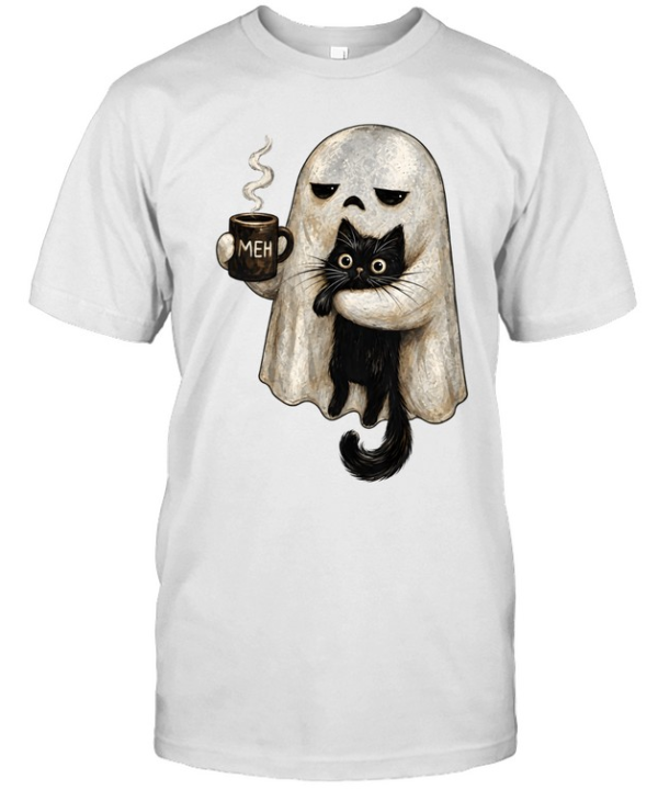 Cute Ghost Holding Black Cat Meh Coffee Halloween  Classic Men's T-shirt
