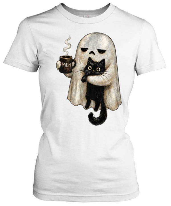 Cute Ghost Holding Black Cat Meh Coffee Halloween  Classic Women's T-shirt