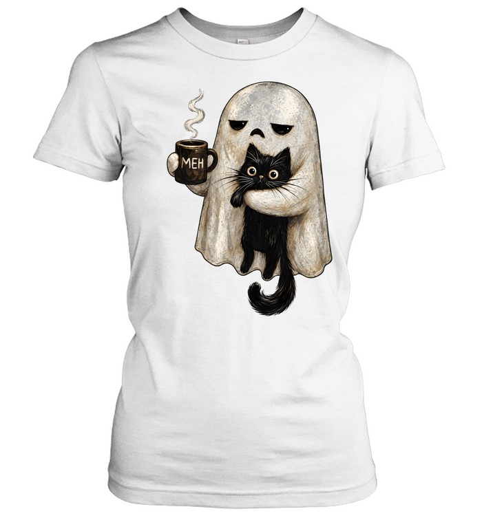 Cute Ghost Holding Black Cat Meh Coffee Halloween Classic Women's T-shirt