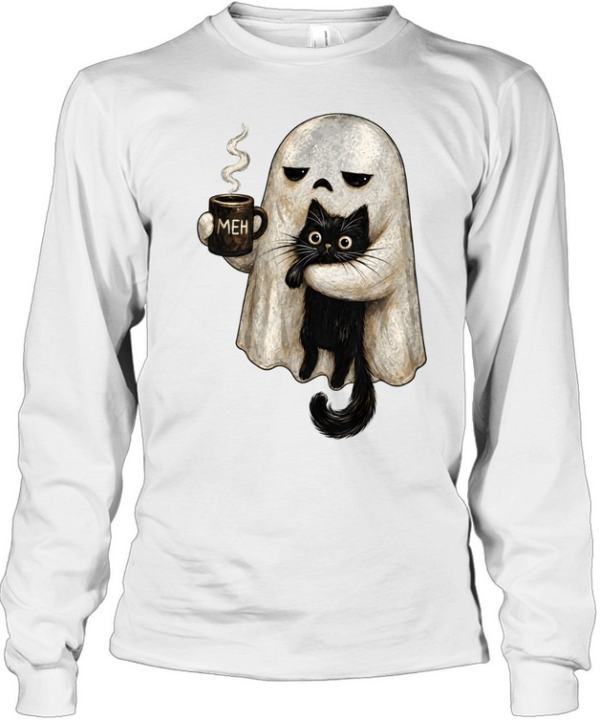 Cute Ghost Holding Black Cat Meh Coffee Halloween Long Sleeved T-shirt