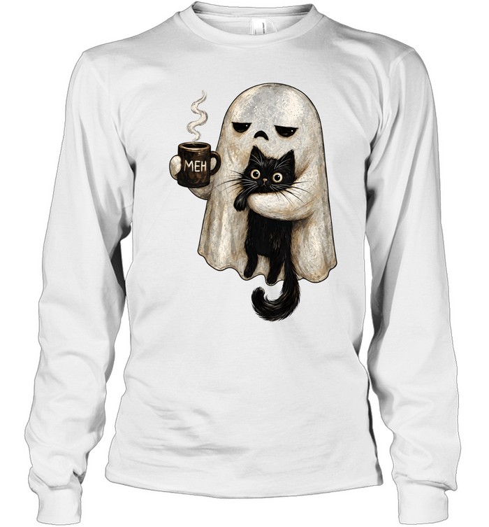 Cute Ghost Holding Black Cat Meh Coffee Halloween Long Sleeved T-shirt