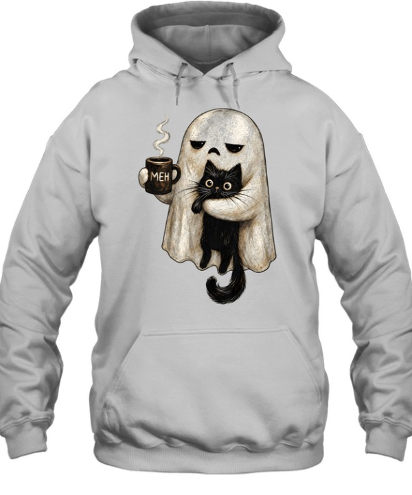 Cute Ghost Holding Black Cat Meh Coffee Halloween Unisex Hoodie