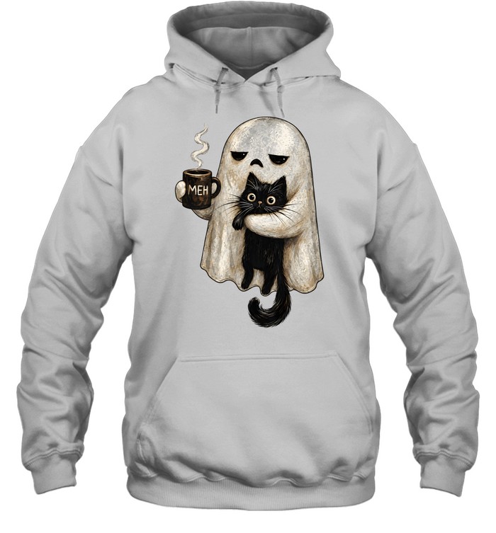 Cute Ghost Holding Black Cat Meh Coffee Halloween Unisex Hoodie Cute Ghost Holding Black Cat Meh Coffee Halloween Unisex Hoodie