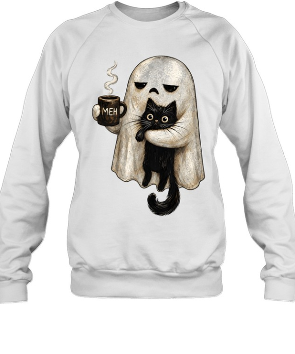 Cute Ghost Holding Black Cat Meh Coffee Halloween Unisex Sweatshirt