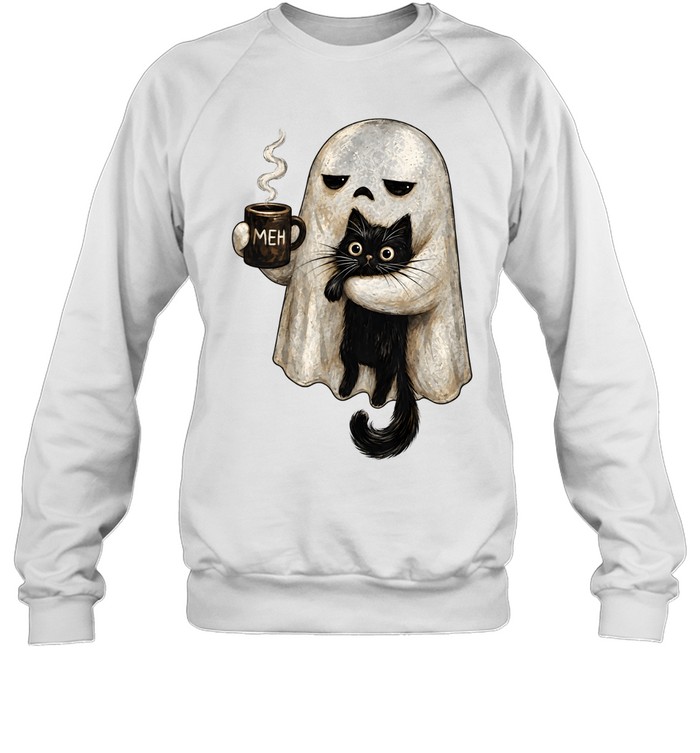 Cute Ghost Holding Black Cat Meh Coffee Halloween Unisex Sweatshirt Cute Ghost Holding Black Cat Meh Coffee Halloween Unisex Sweatshirt