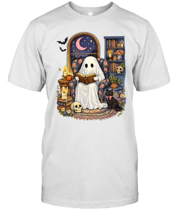 Cute Ghost Reading Book Black Cat Skull Halloween T- Classic Men's T-shirt