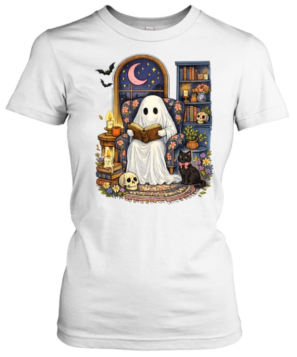 Cute Ghost Reading Book Black Cat Skull Halloween T- Classic Women's T-shirt
