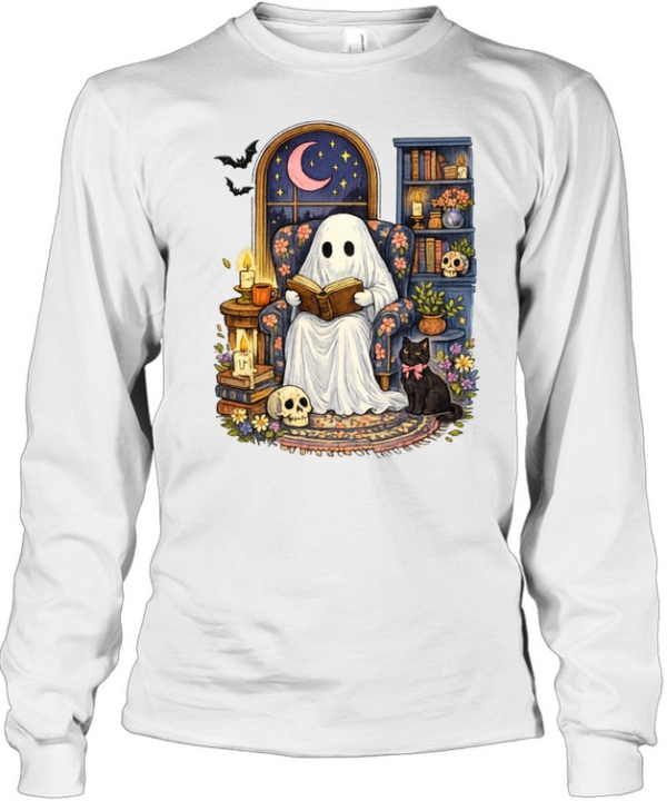 Cute Ghost Reading Book Black Cat Skull Halloween T- Long Sleeved T-shirt