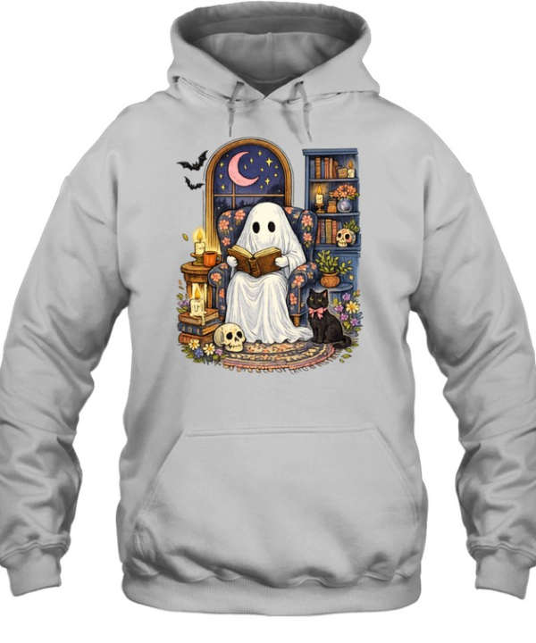 Cute Ghost Reading Book Black Cat Skull Halloween T- Unisex Hoodie