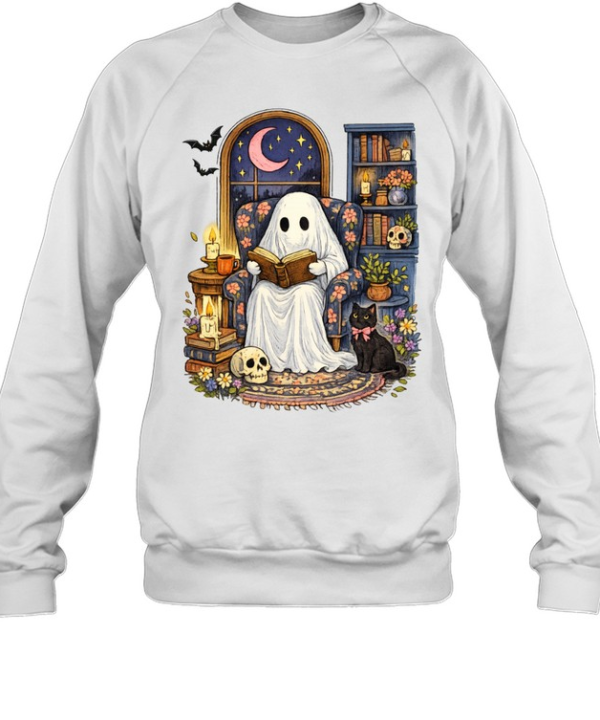 Cute Ghost Reading Book Black Cat Skull Halloween T- Unisex Sweatshirt