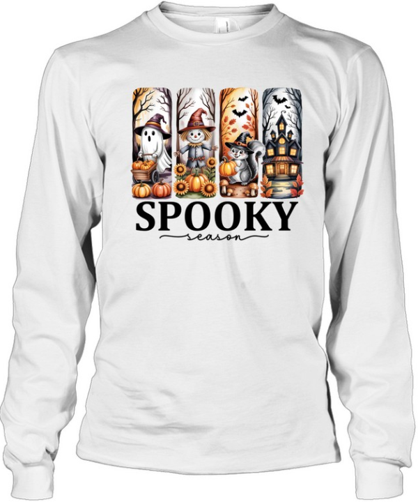 Cute Ghost Scarecrow Witch Squirrel Haunted House Halloween T- Long Sleeved T-shirt