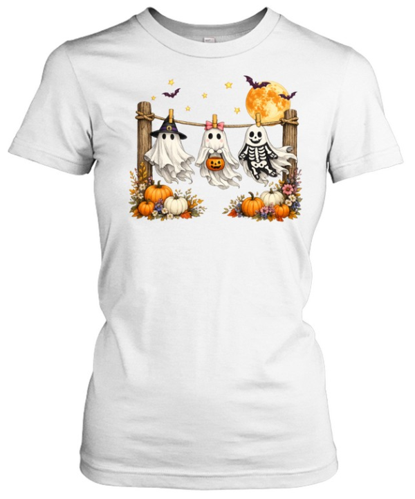 Cute Hanging Ghosts Trio Skeleton Pumpkin Full Moon Halloween T- Classic Women's T-shirt