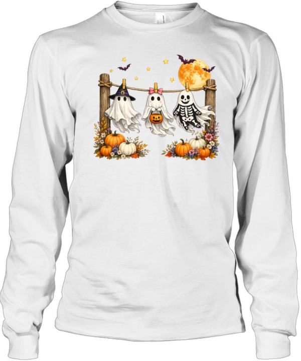 Cute Hanging Ghosts Trio Skeleton Pumpkin Full Moon Halloween T- Long Sleeved T-shirt