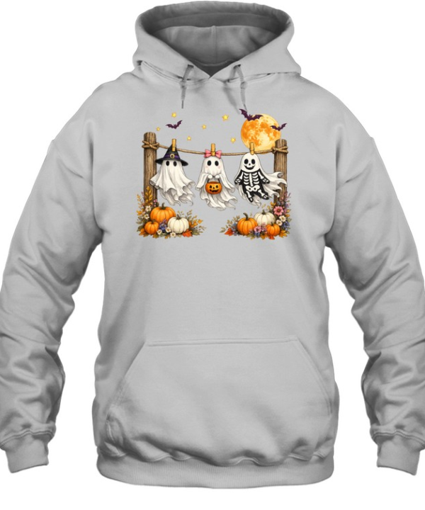 Cute Hanging Ghosts Trio Skeleton Pumpkin Full Moon Halloween T- Unisex Hoodie