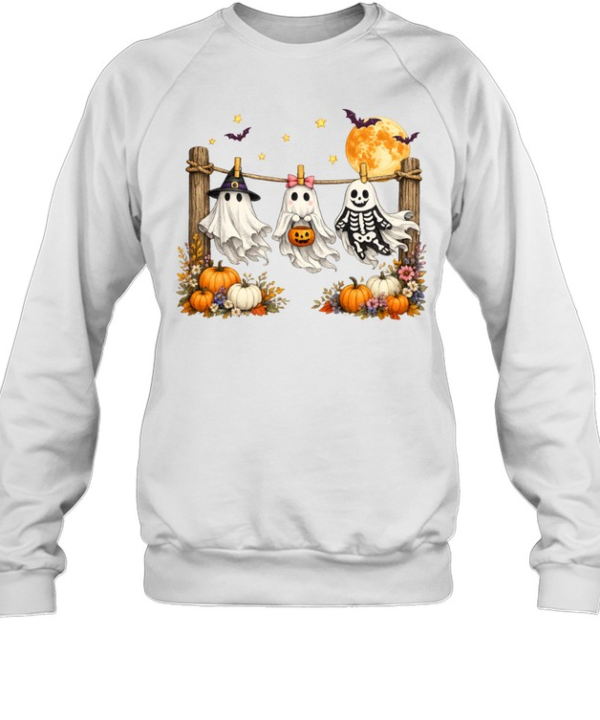 Cute Hanging Ghosts Trio Skeleton Pumpkin Full Moon Halloween T- Unisex Sweatshirt