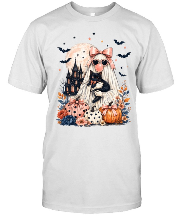 Cute Pink Ghost Holding Black Cat Pumpkin Haunted Castle Halloween T- Classic Men's T-shirt