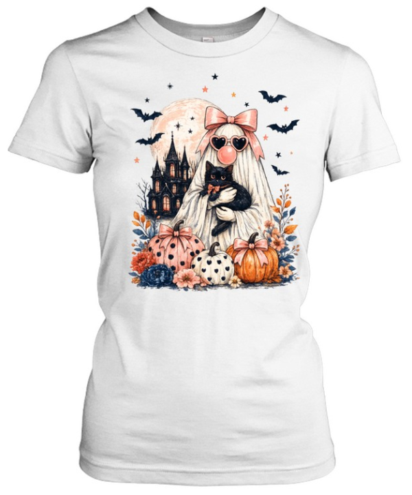 Cute Pink Ghost Holding Black Cat Pumpkin Haunted Castle Halloween T- Classic Women's T-shirt