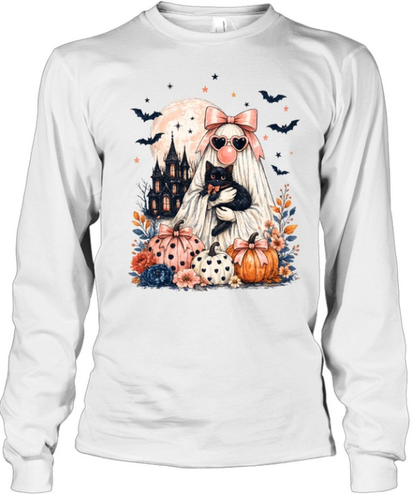 Cute Pink Ghost Holding Black Cat Pumpkin Haunted Castle Halloween T- Long Sleeved T-shirt