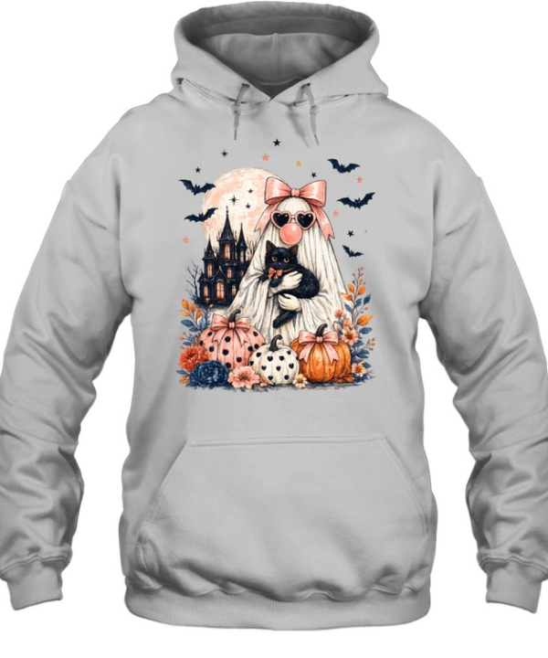 Cute Pink Ghost Holding Black Cat Pumpkin Haunted Castle Halloween T- Unisex Hoodie