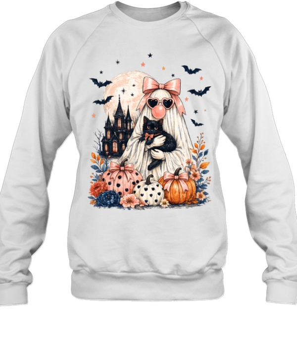 Cute Pink Ghost Holding Black Cat Pumpkin Haunted Castle Halloween T- Unisex Sweatshirt