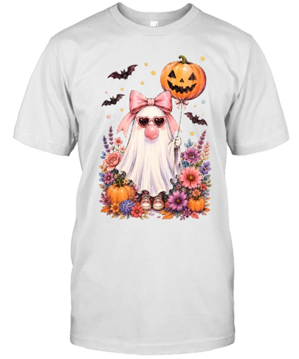 Cute Pink Ghost With Pumpkin Balloon Sneakers Floral Halloween T- Classic Men's T-shirt