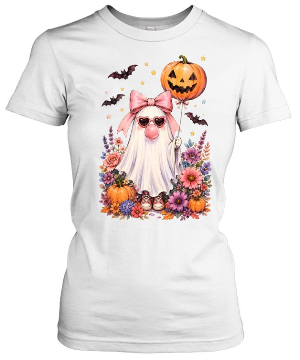 Cute Pink Ghost With Pumpkin Balloon Sneakers Floral Halloween T- Classic Women's T-shirt