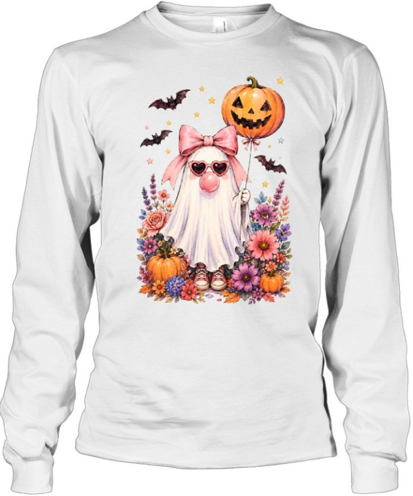 Cute Pink Ghost With Pumpkin Balloon Sneakers Floral Halloween T- Long Sleeved T-shirt