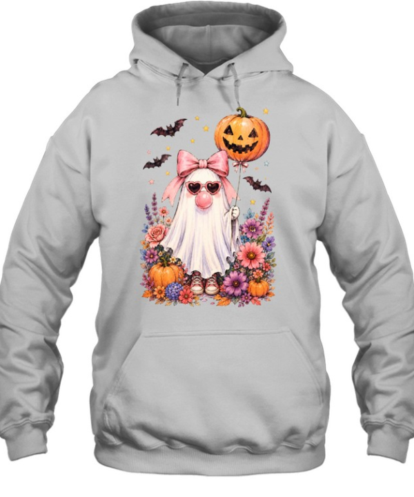 Cute Pink Ghost With Pumpkin Balloon Sneakers Floral Halloween T- Unisex Hoodie
