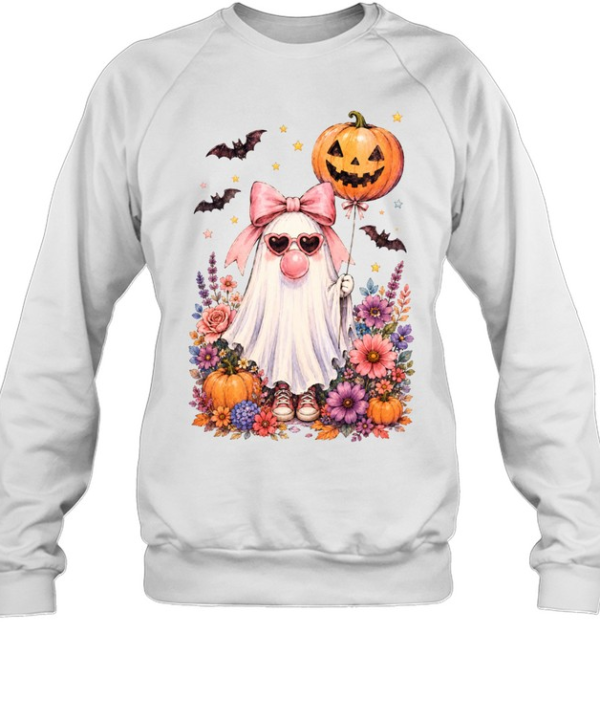 Cute Pink Ghost With Pumpkin Balloon Sneakers Floral Halloween T- Unisex Sweatshirt