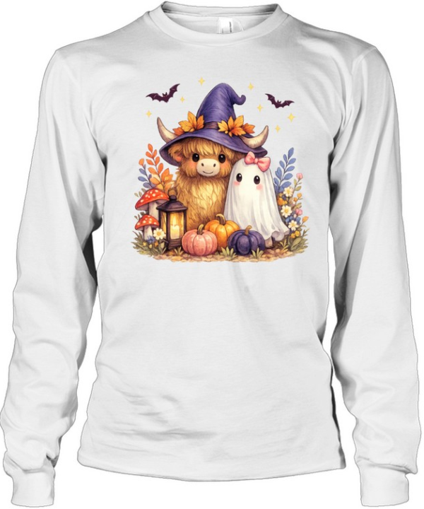 Cute Witch Highland Cow Ghost Pumpkin Halloween T- Long Sleeved T-shirt