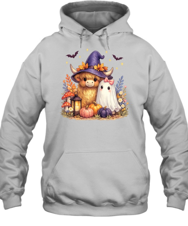 Cute Witch Highland Cow Ghost Pumpkin Halloween T- Unisex Hoodie