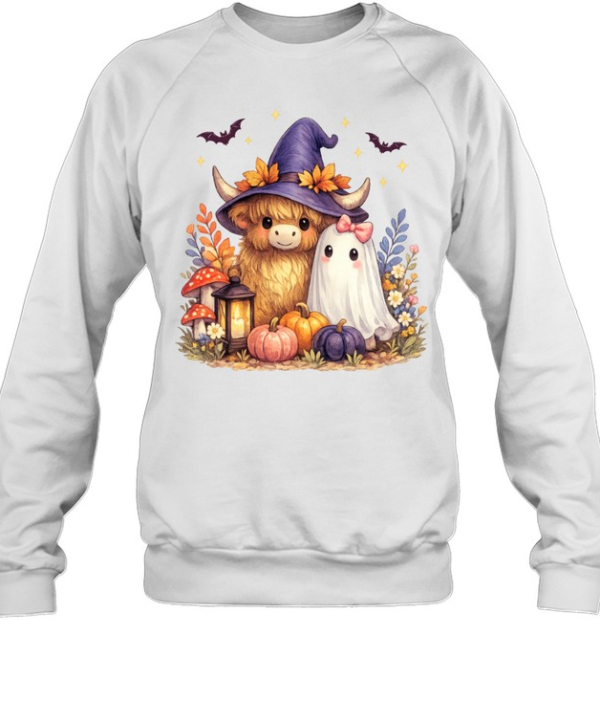 Cute Witch Highland Cow Ghost Pumpkin Halloween T- Unisex Sweatshirt