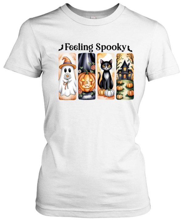 Feeling Spooky Cute Ghost Black Cat Pumpkin Haunted House Halloween Graphic  Classic Women's T-shirt