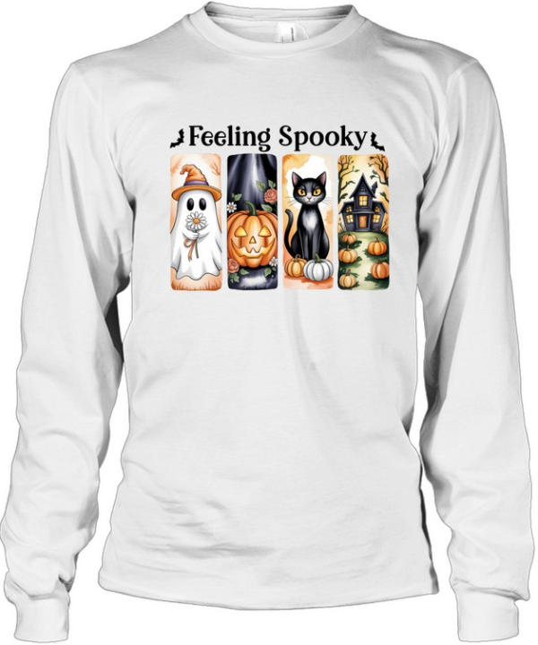 Feeling Spooky Cute Ghost Black Cat Pumpkin Haunted House Halloween Graphic  Long Sleeved T-shirt