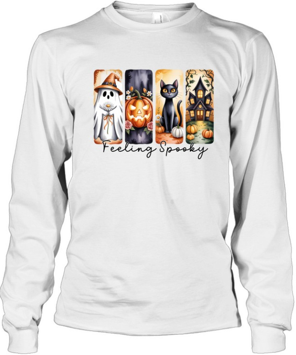 Feeling Spooky Cute Ghost Pumpkin Black Cat Haunted House Halloween T- Long Sleeved T-shirt