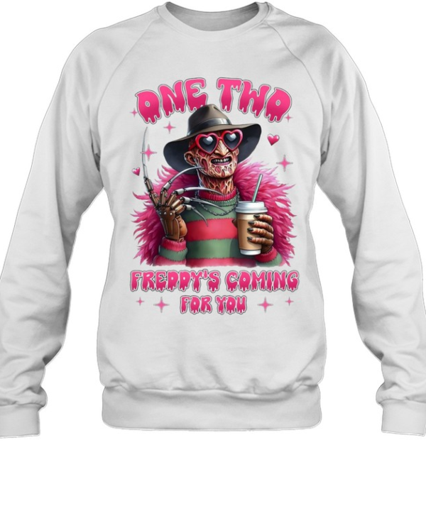 Freddy's Coming For You Pink Feather Boa Coffee Halloween Graphic  Unisex Sweatshirt
